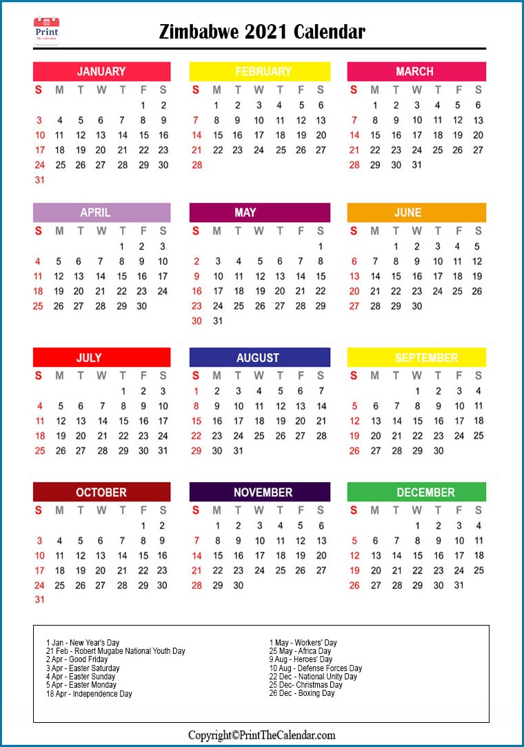 Zimbabwe Printable Calendar 2021
